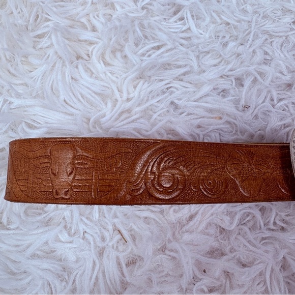 UNBRANDED tooled Brown Leather western Belt with Silver Buckle - Picture 4 of 11